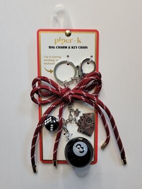 piper•k Red Bow Bag Charm & Key Chain with Black 8-Ball and Dice